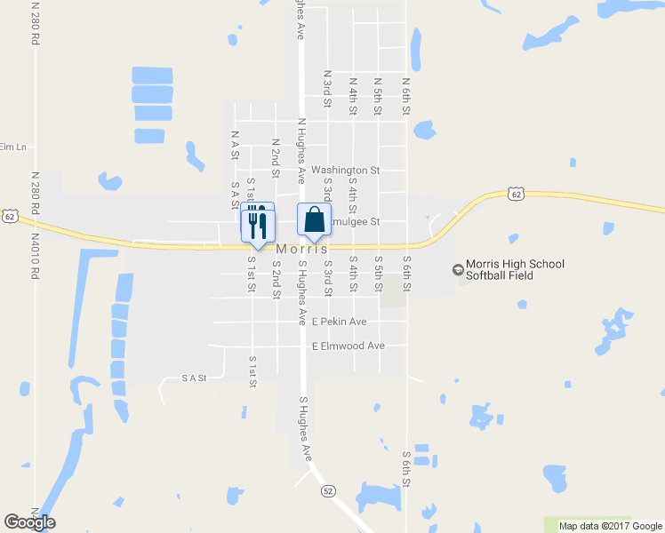 map of restaurants, bars, coffee shops, grocery stores, and more near 322 East Young Street in Morris