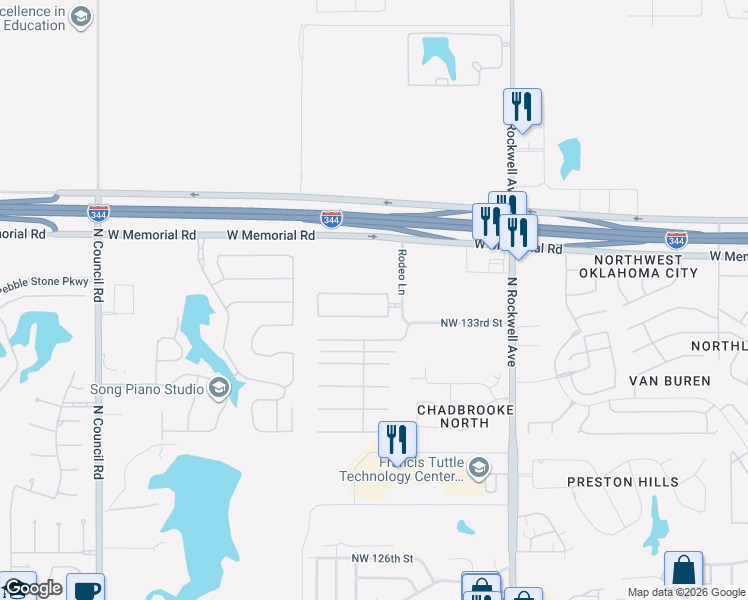 map of restaurants, bars, coffee shops, grocery stores, and more near 7400 Northwest 135th Street in Oklahoma City