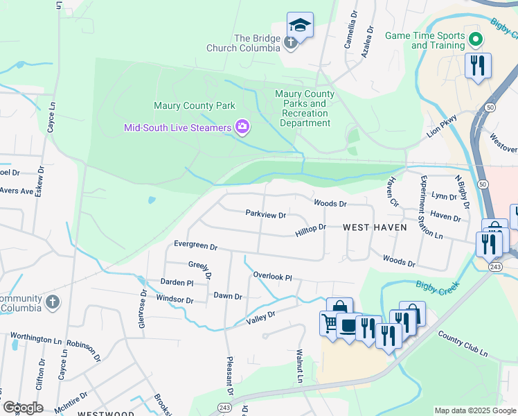 map of restaurants, bars, coffee shops, grocery stores, and more near 400 Parkview Drive in Columbia