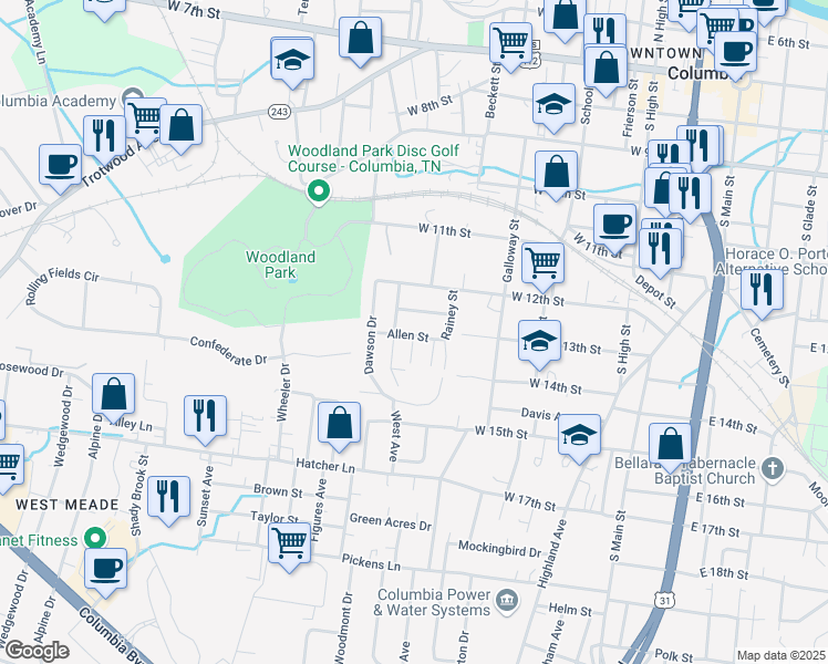 map of restaurants, bars, coffee shops, grocery stores, and more near 608 Allen Street in Columbia