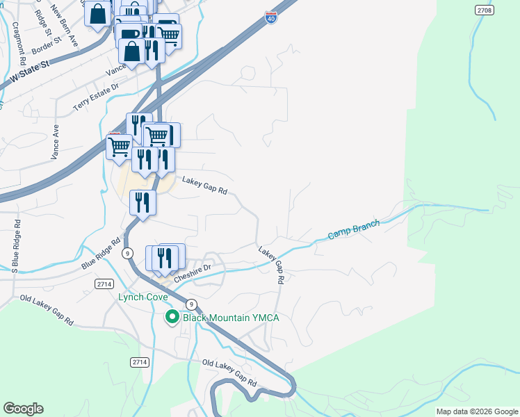 map of restaurants, bars, coffee shops, grocery stores, and more near 571 Lakey Gap Road in Black Mountain