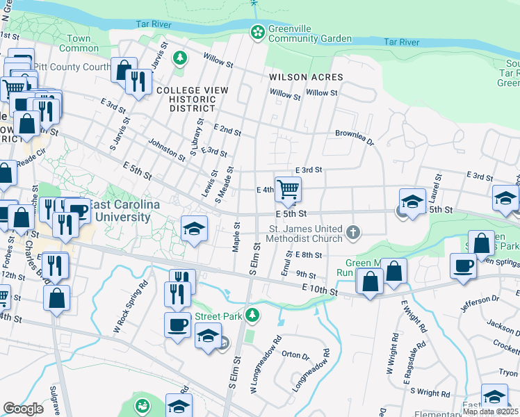 map of restaurants, bars, coffee shops, grocery stores, and more near 411 South Elm Street in Greenville