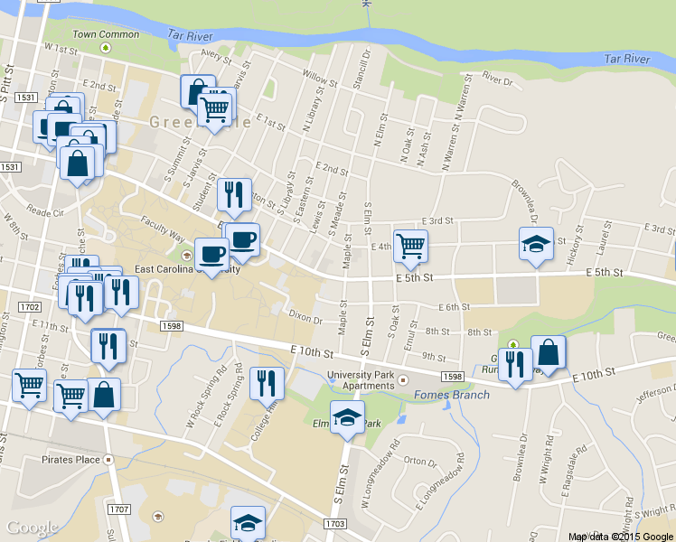 map of restaurants, bars, coffee shops, grocery stores, and more near 1509 East 5th Street in Greenville