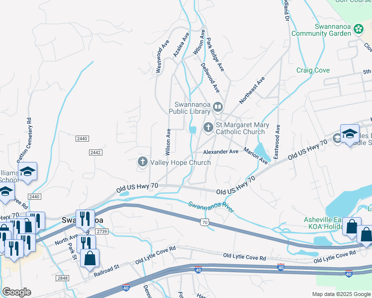 map of restaurants, bars, coffee shops, grocery stores, and more near 215 Grovemont Avenue in Swannanoa