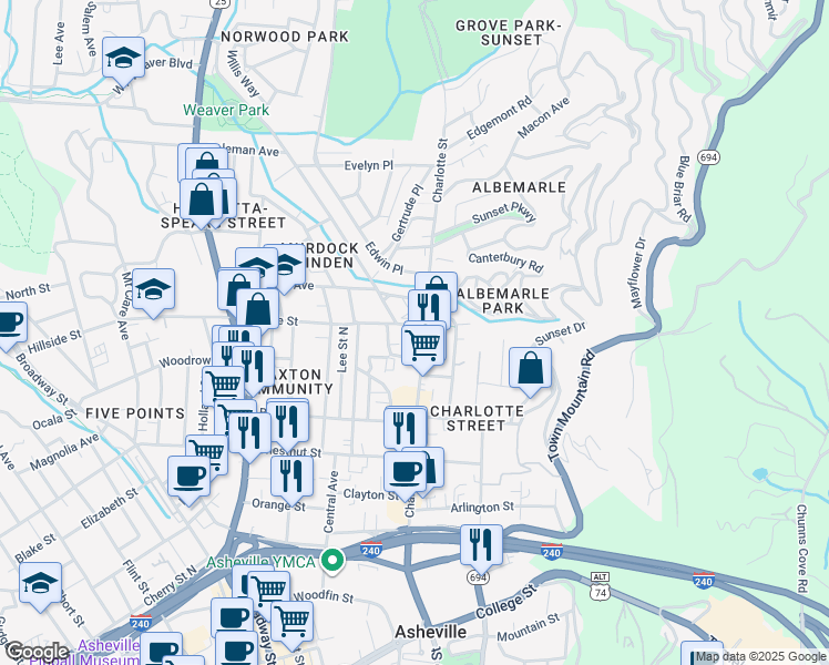 map of restaurants, bars, coffee shops, grocery stores, and more near 210 Charlotte Street in Asheville