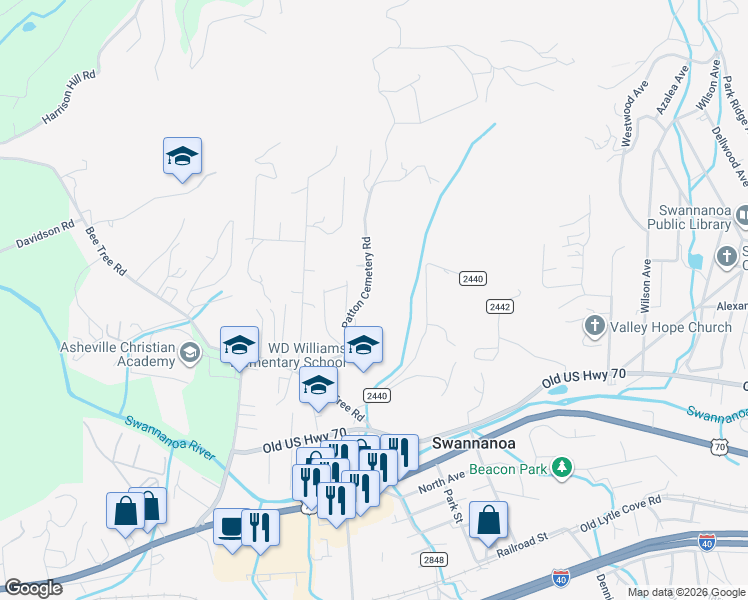 map of restaurants, bars, coffee shops, grocery stores, and more near 55 Patton Cemetery Road in Swannanoa