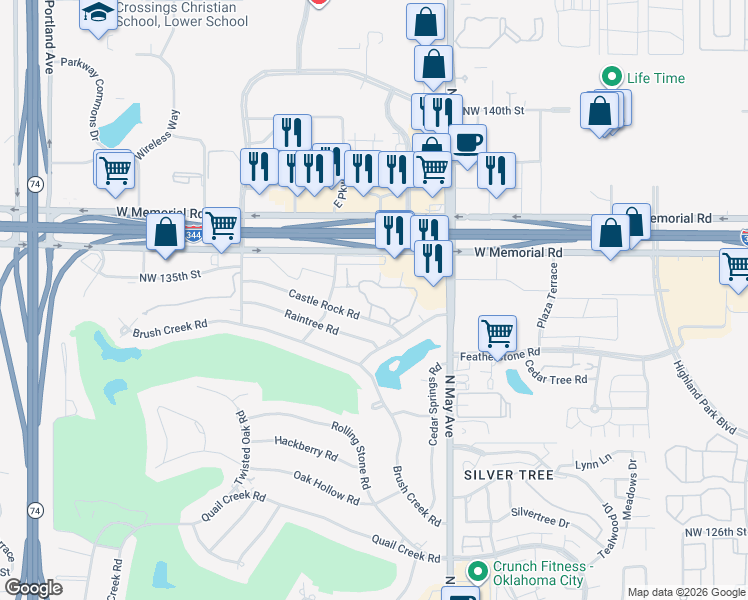 map of restaurants, bars, coffee shops, grocery stores, and more near 70 Fountaingate Road in Oklahoma City