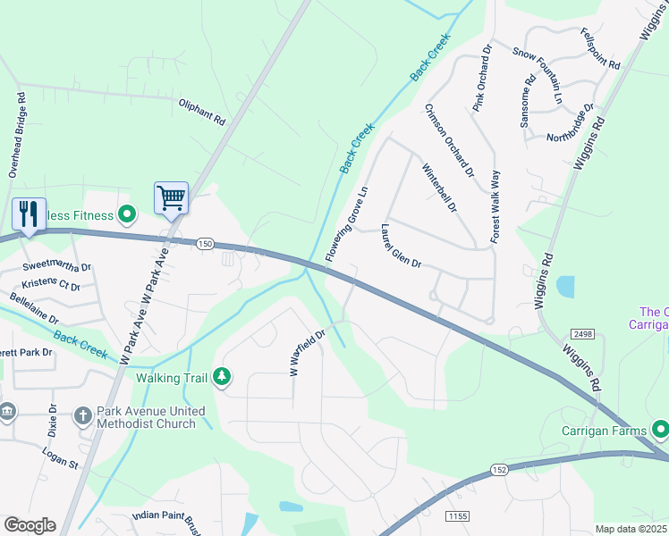 map of restaurants, bars, coffee shops, grocery stores, and more near Flowering Grove Lane in Mooresville