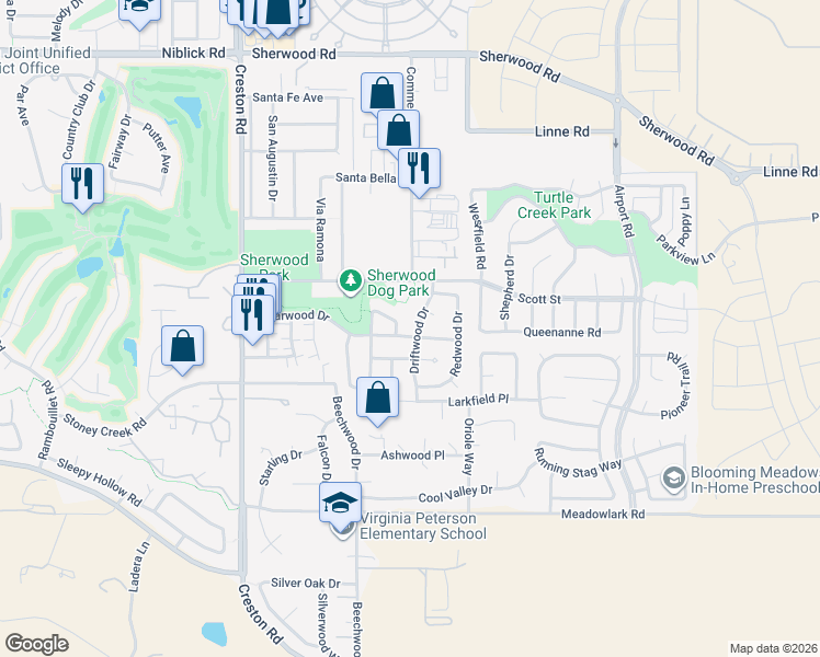 map of restaurants, bars, coffee shops, grocery stores, and more near 395 Cedarwood Drive in Paso Robles