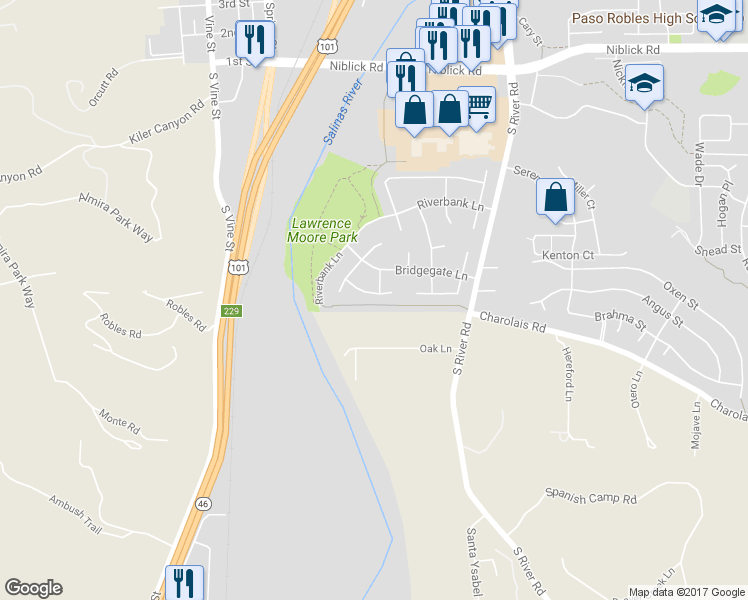 map of restaurants, bars, coffee shops, grocery stores, and more near 170 Sandcove Lane in Paso Robles