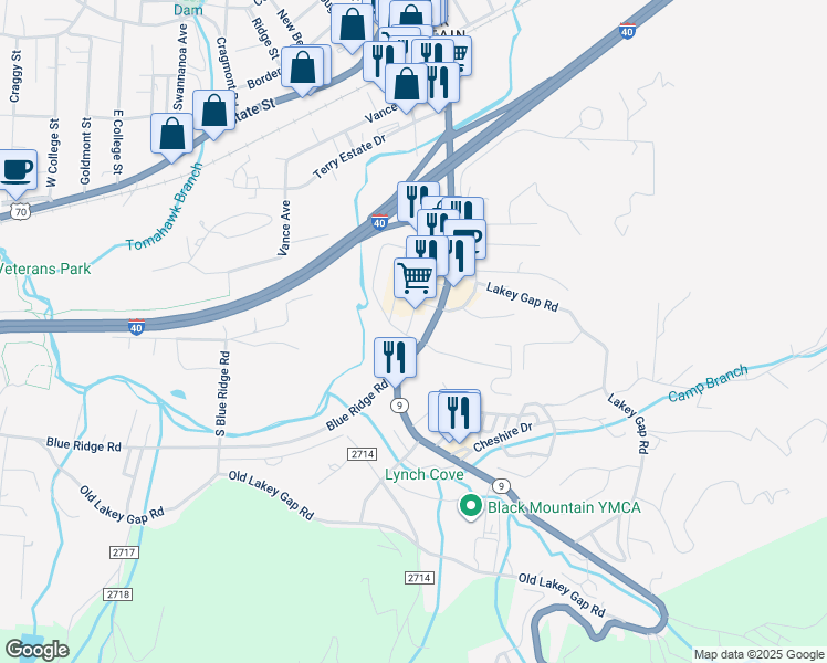 map of restaurants, bars, coffee shops, grocery stores, and more near 604 North Carolina 9 in Black Mountain