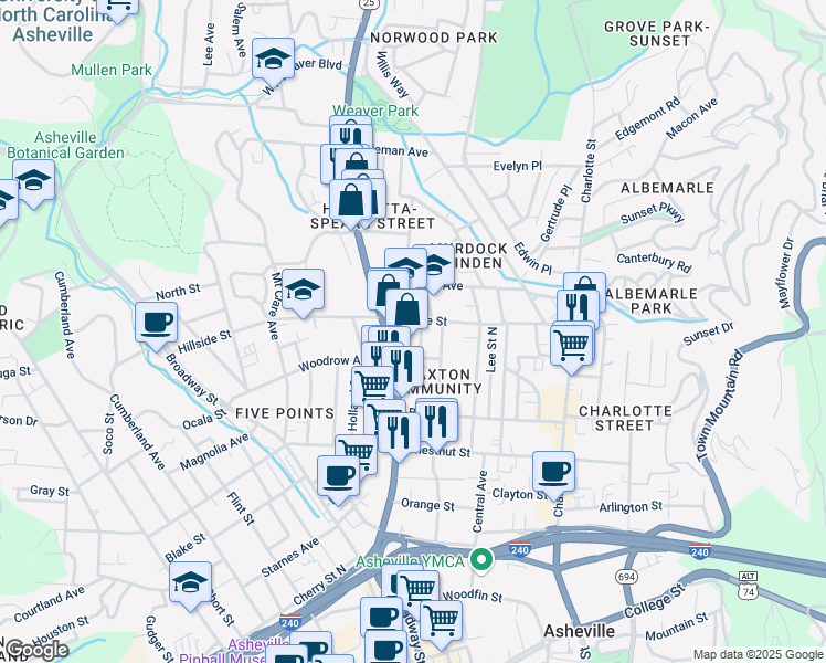 map of restaurants, bars, coffee shops, grocery stores, and more near 223 Hillside Street in Asheville
