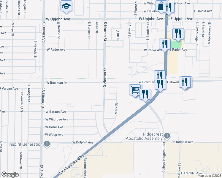 map of restaurants, bars, coffee shops, grocery stores, and more near 413 Marlene Court in Ridgecrest
