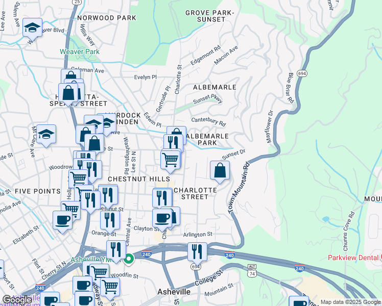 map of restaurants, bars, coffee shops, grocery stores, and more near 100 Orchard Place in Asheville