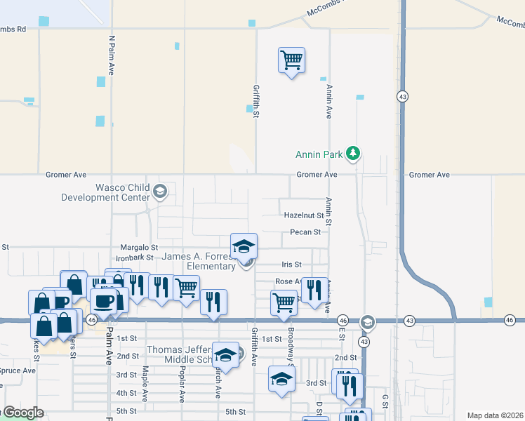 map of restaurants, bars, coffee shops, grocery stores, and more near 1232 Hazelnut Street in Wasco