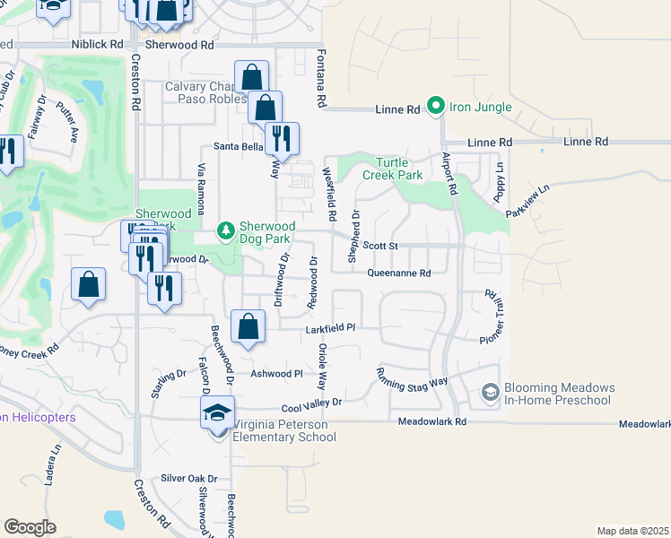 map of restaurants, bars, coffee shops, grocery stores, and more near 507 Westfield Road in Paso Robles