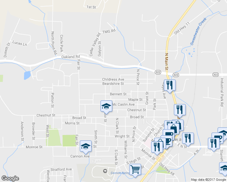 map of restaurants, bars, coffee shops, grocery stores, and more near 806 Bennett Street in Sweetwater