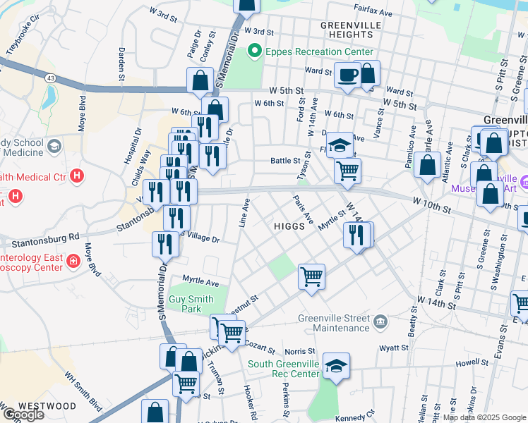 map of restaurants, bars, coffee shops, grocery stores, and more near 1600-1698 Halifax Street in Greenville