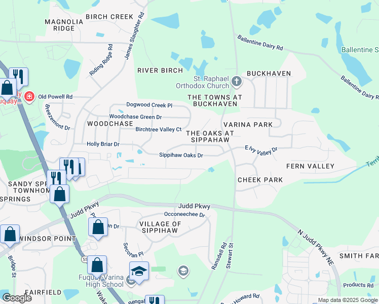 map of restaurants, bars, coffee shops, grocery stores, and more near 531 Sippihaw Oaks Drive in Fuquay Varina