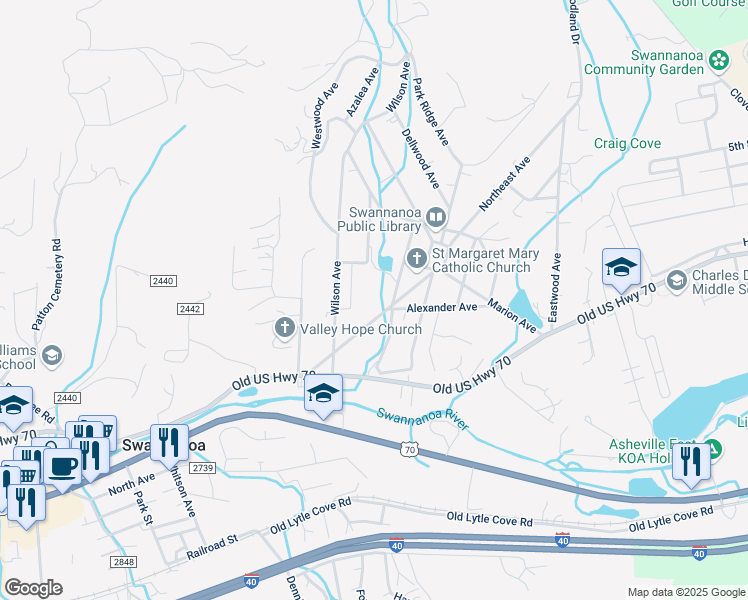 map of restaurants, bars, coffee shops, grocery stores, and more near 215 Grovemont Avenue in Swannanoa