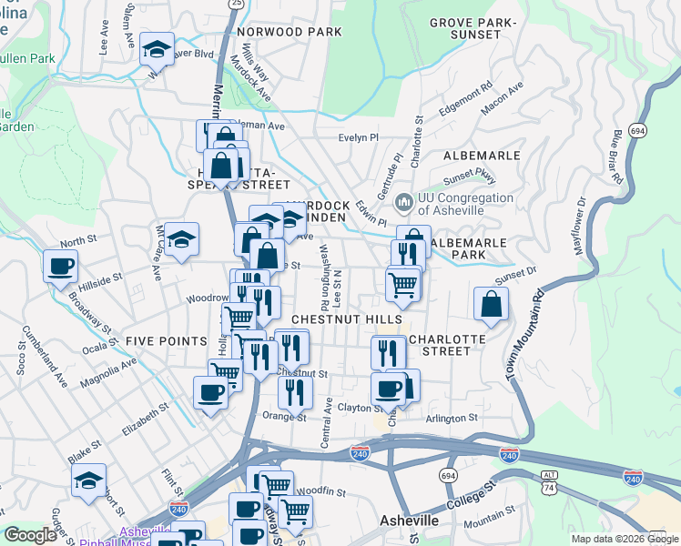 map of restaurants, bars, coffee shops, grocery stores, and more near 293 Hillside Street in Asheville