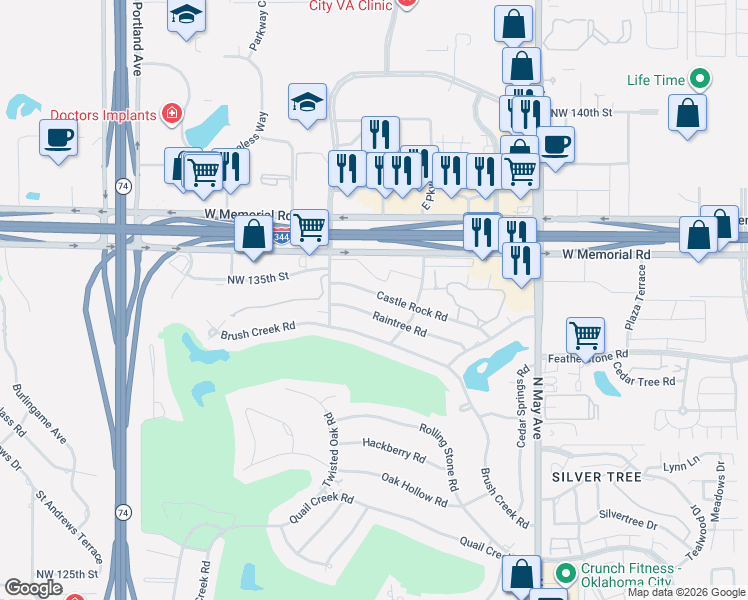 map of restaurants, bars, coffee shops, grocery stores, and more near 3212 Castle Rock Road in Oklahoma City