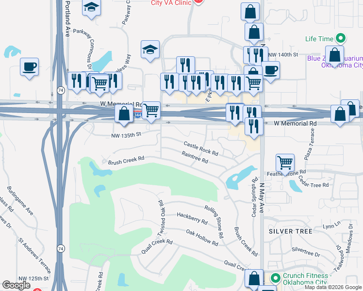 map of restaurants, bars, coffee shops, grocery stores, and more near 3241 Raintree Road in Oklahoma City