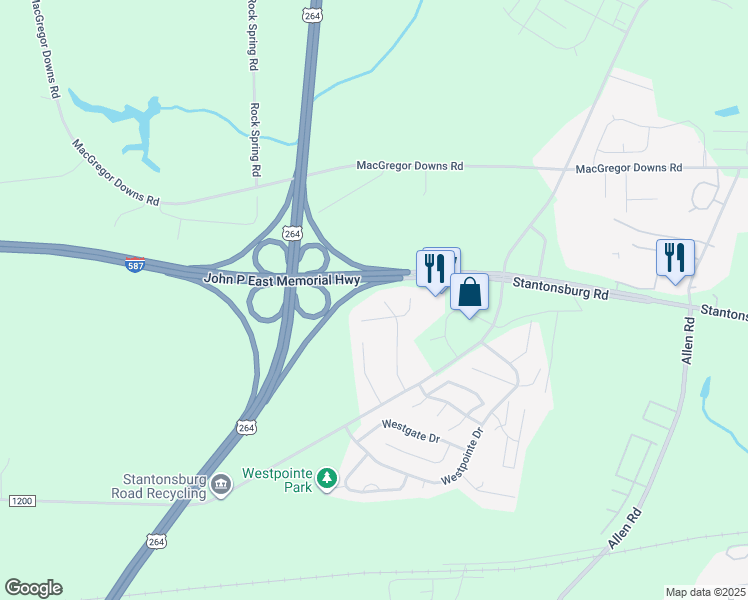 map of restaurants, bars, coffee shops, grocery stores, and more near 1102 A Park West Drive in Greenville