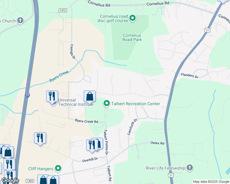 map of restaurants, bars, coffee shops, grocery stores, and more near 106 Lismark Drive in Mooresville