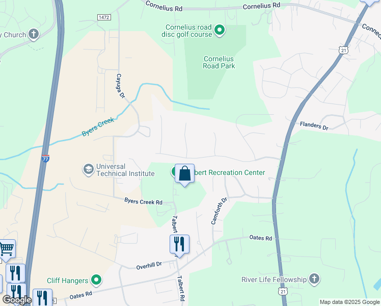 map of restaurants, bars, coffee shops, grocery stores, and more near 106 Lismark Drive in Mooresville