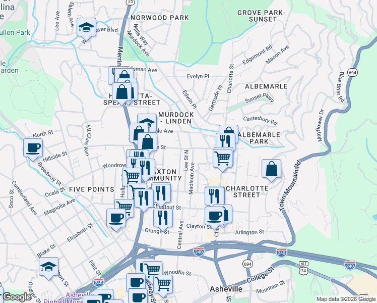 map of restaurants, bars, coffee shops, grocery stores, and more near 293 Hillside Street in Asheville