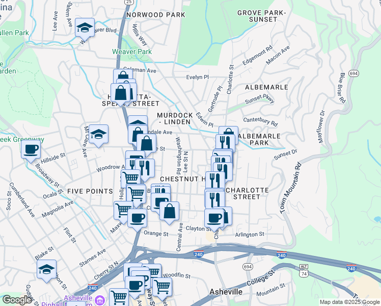 map of restaurants, bars, coffee shops, grocery stores, and more near 299 Hillside Street in Asheville