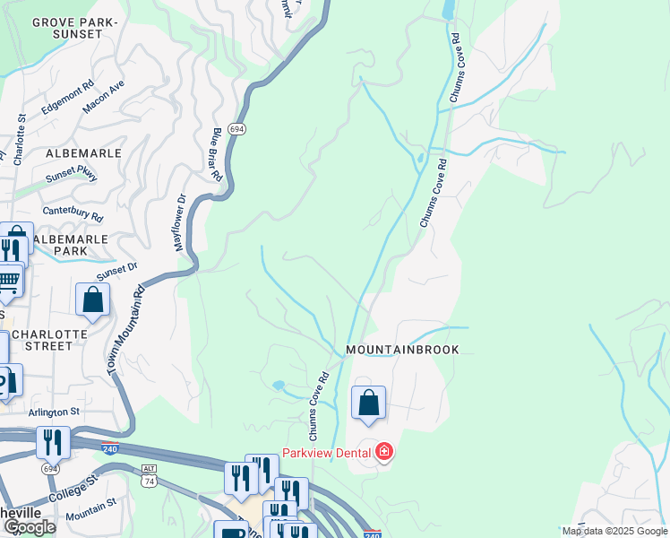 map of restaurants, bars, coffee shops, grocery stores, and more near 336 Chunns Cove Road in Asheville