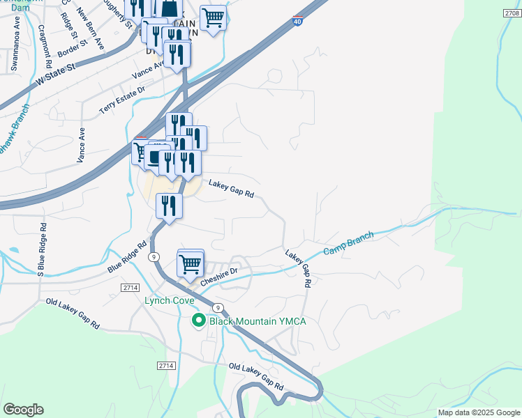 map of restaurants, bars, coffee shops, grocery stores, and more near 490 Lakey Gap Road in Black Mountain