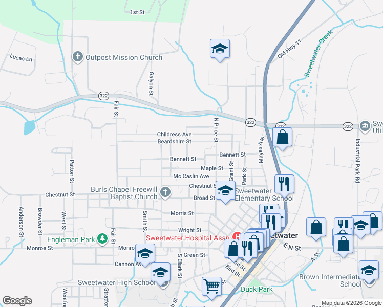 map of restaurants, bars, coffee shops, grocery stores, and more near 608 Bennett Street in Sweetwater