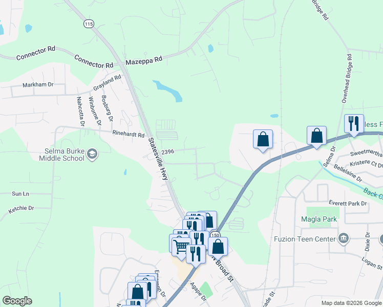 map of restaurants, bars, coffee shops, grocery stores, and more near 158 2396 in Mooresville