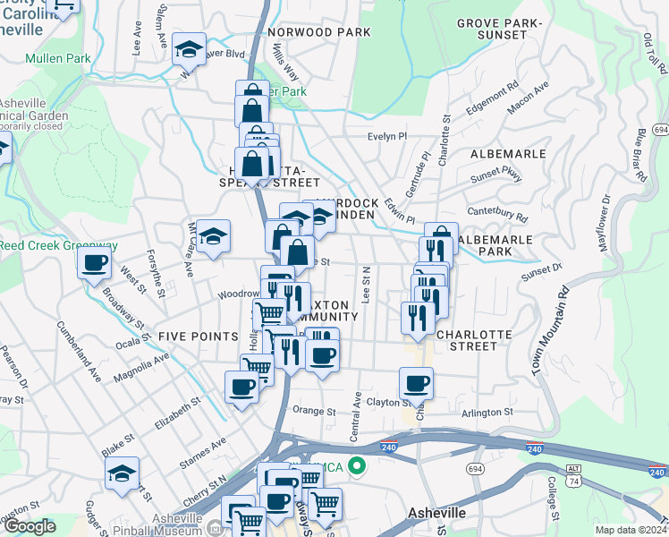 map of restaurants, bars, coffee shops, grocery stores, and more near 109 North Liberty Street in Asheville