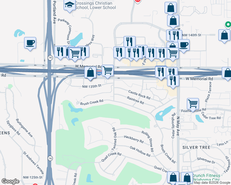 map of restaurants, bars, coffee shops, grocery stores, and more near 3312 Stonebrook Court in Oklahoma City