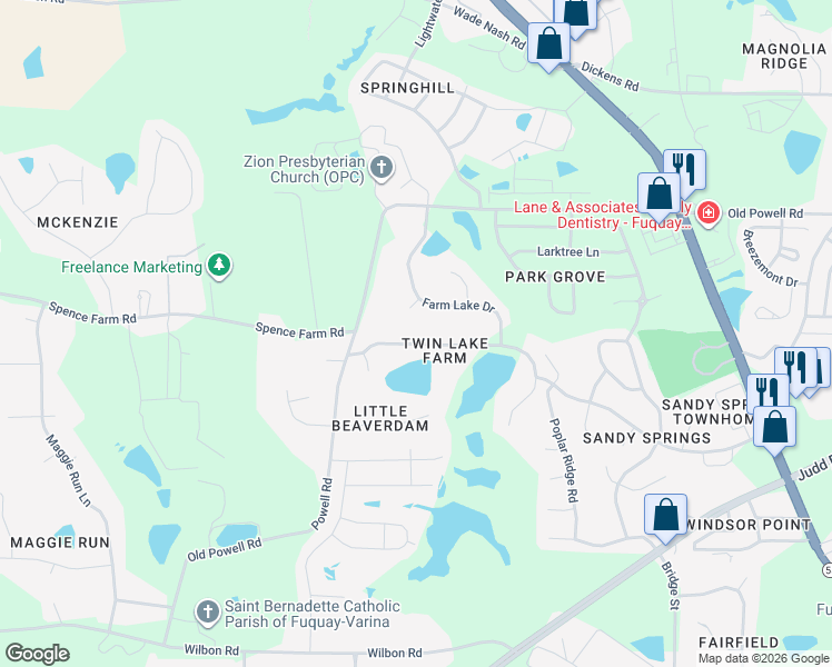 map of restaurants, bars, coffee shops, grocery stores, and more near 1812 Twin Lake Drive in Holly Springs