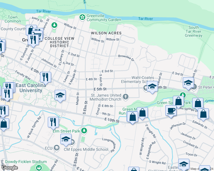 map of restaurants, bars, coffee shops, grocery stores, and more near 1909 East 5th Street in Greenville