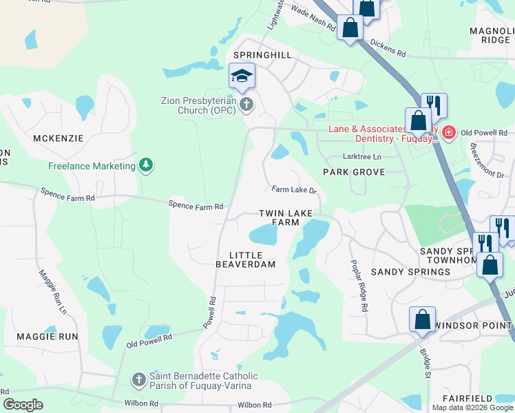 map of restaurants, bars, coffee shops, grocery stores, and more near 1812 Twin Lake Drive in Holly Springs