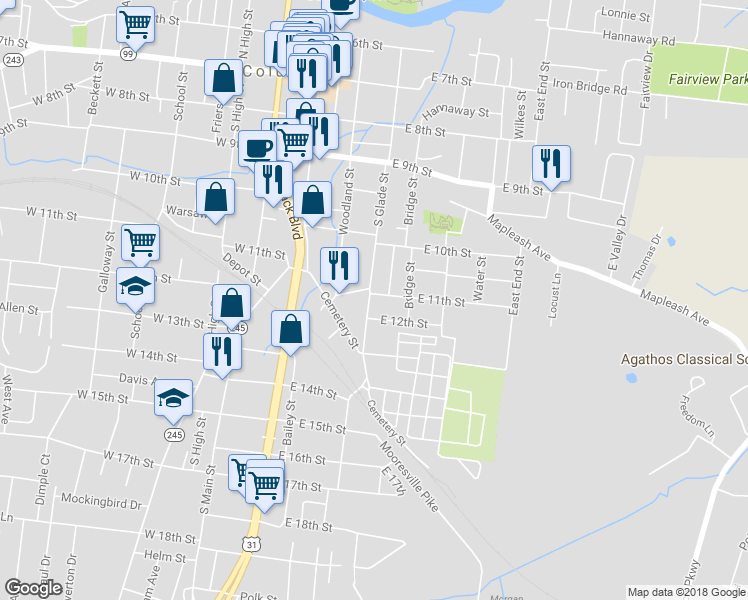 map of restaurants, bars, coffee shops, grocery stores, and more near 300 East 11th Street in Columbia