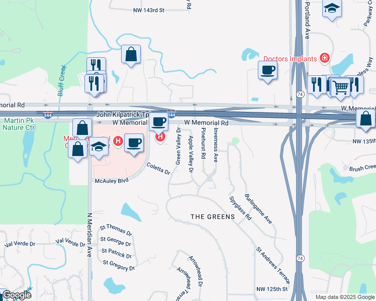 map of restaurants, bars, coffee shops, grocery stores, and more near 13501 Apple Valley Drive in Oklahoma City