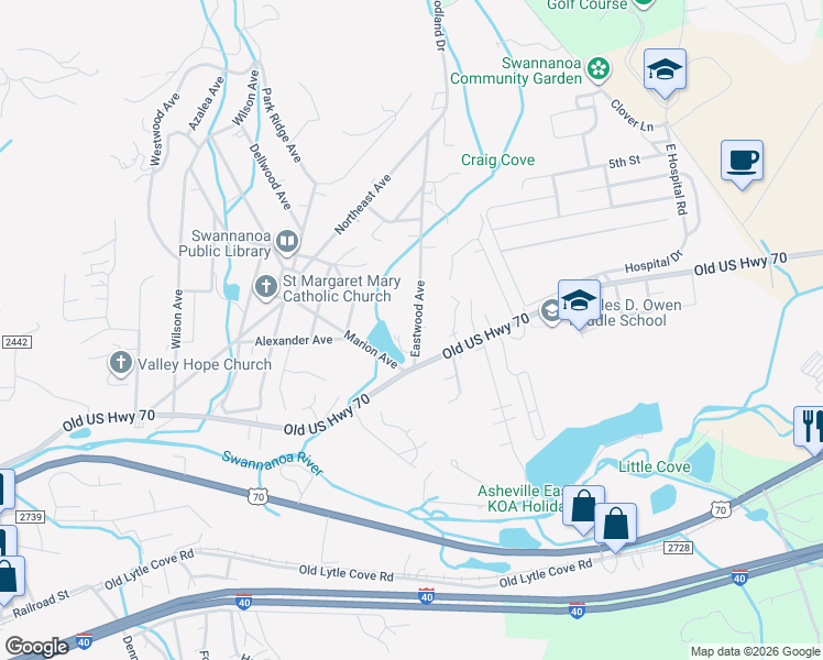map of restaurants, bars, coffee shops, grocery stores, and more near 107 Eastwood Ave in Swannanoa