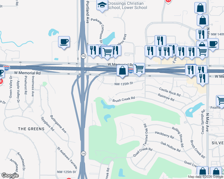 map of restaurants, bars, coffee shops, grocery stores, and more near 3422 Northwest 135th Street in Oklahoma City