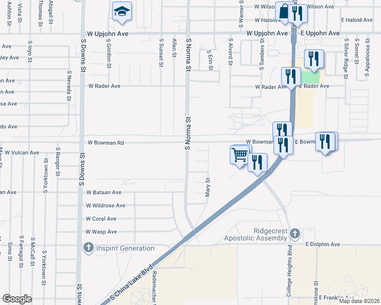 map of restaurants, bars, coffee shops, grocery stores, and more near 425 Marlene Court in Ridgecrest