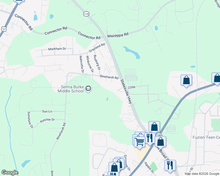 map of restaurants, bars, coffee shops, grocery stores, and more near 125 Rinehardt Road in Mooresville