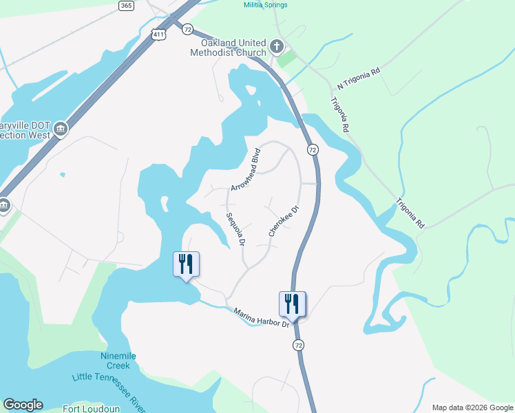 map of restaurants, bars, coffee shops, grocery stores, and more near 1619 Sequoia Court in Maryville