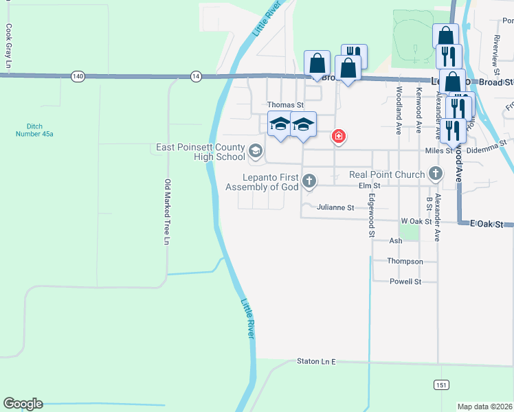 map of restaurants, bars, coffee shops, grocery stores, and more near 108 Mays Street in Lepanto