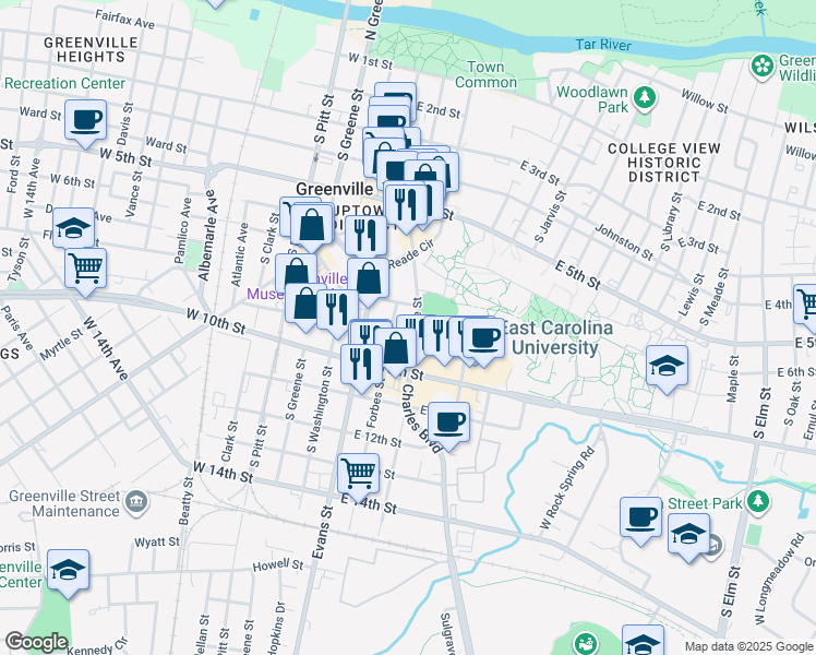 map of restaurants, bars, coffee shops, grocery stores, and more near 115 9th Street in Greenville